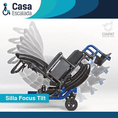 En la imagen se muestra la silla de ruedas módelo focus tilt, inclinada hacia atrás, y en menor opacidad se muestra el ángulo de reclinación que tiene la misma; desde la perpendicularidad con el piso hasta su inclinación hacia atrás máxima.