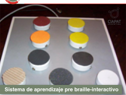 En la imagen se ve el producto, es una placa cuadrada con 9 botones, 6 en posición para escribir braille, y los otros 3 por debajo para otras funciones.