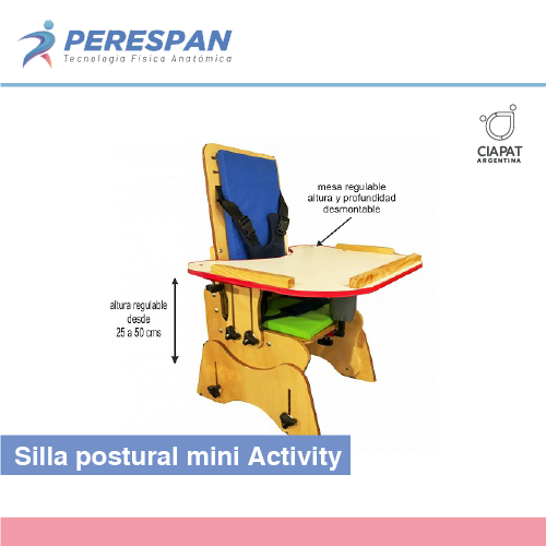 En la imagen se muestra la silla postural mini, la cual está realizada en madera y pintada de muchos colores.