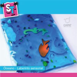 Se muestra el producto que es una almohadilla, compuesta por un gel color azul con figuras de elementos que se encuentran en el océano.