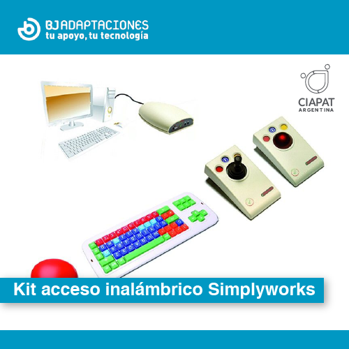 En la imagen se ve el logo de la empresa, el nombre del producto: Kit de acceso inalámbrico Simplyworks y una imagen del producto, que cuenta con dos mouse ball, teclado, y demás conectores.