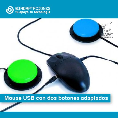 En la imagen se ve el logo de la empresa más el nombre del producto y una imagen del mismo. El mismo consiste en un mouse conectado a dos botones de gran tamaño (similar cada uno al tamaño del mouse) cada uno de un color diferente.
