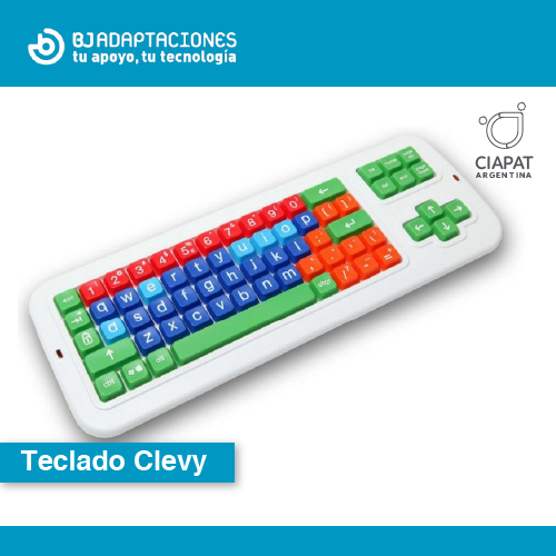 En la imagen se ve el logo de la empresa y el nombre del producto junto con una imagen del mismo. Es un teclado blanco con sus teclas en distintos colores segmentado por tipo de tecla, y en un tamaño mayor de lo habitual.