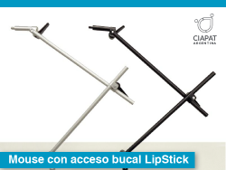 En la imagen se ve, el logo de la empresa, el nombre del producto: Mouse con acceso bucal lip stick, y la imagen del mismo que es como un soporte plegable con un puntero para introducir en la boca.