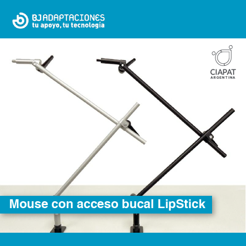 En la imagen se ve, el logo de la empresa, el nombre del producto: Mouse con acceso bucal lip stick, y la imagen del mismo que es como un soporte plegable con un puntero para introducir en la boca.