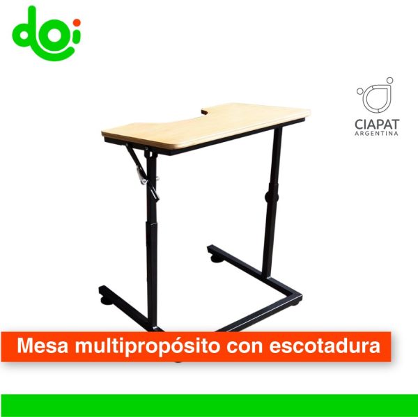 en la imagen vemos una mesa con escotadura, que puede ser utilizada con distinto tipo de sillas y para distintos usos con altura regulable y ruedas.