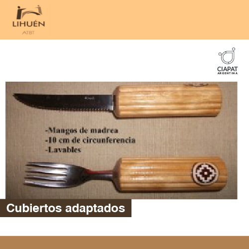 En la imagen se muestra un cuchillo y tenedor con el mango engrosado de mandera.
