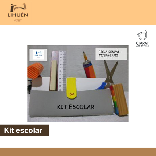 En la imagen se muestra un kit escolar, con lápices, tijeras, regla, compás entre otros elementos en un soporte.